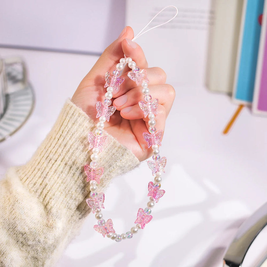 Pink Butterfly, Pearl and Bow Phone Strap Wrist Chain