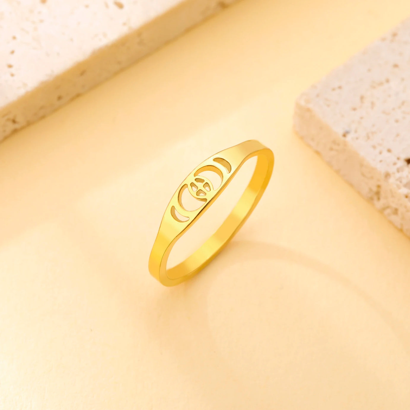 Crescent Moon Phase Ring, Stainless Steel Trendy Celestial Band Talisman