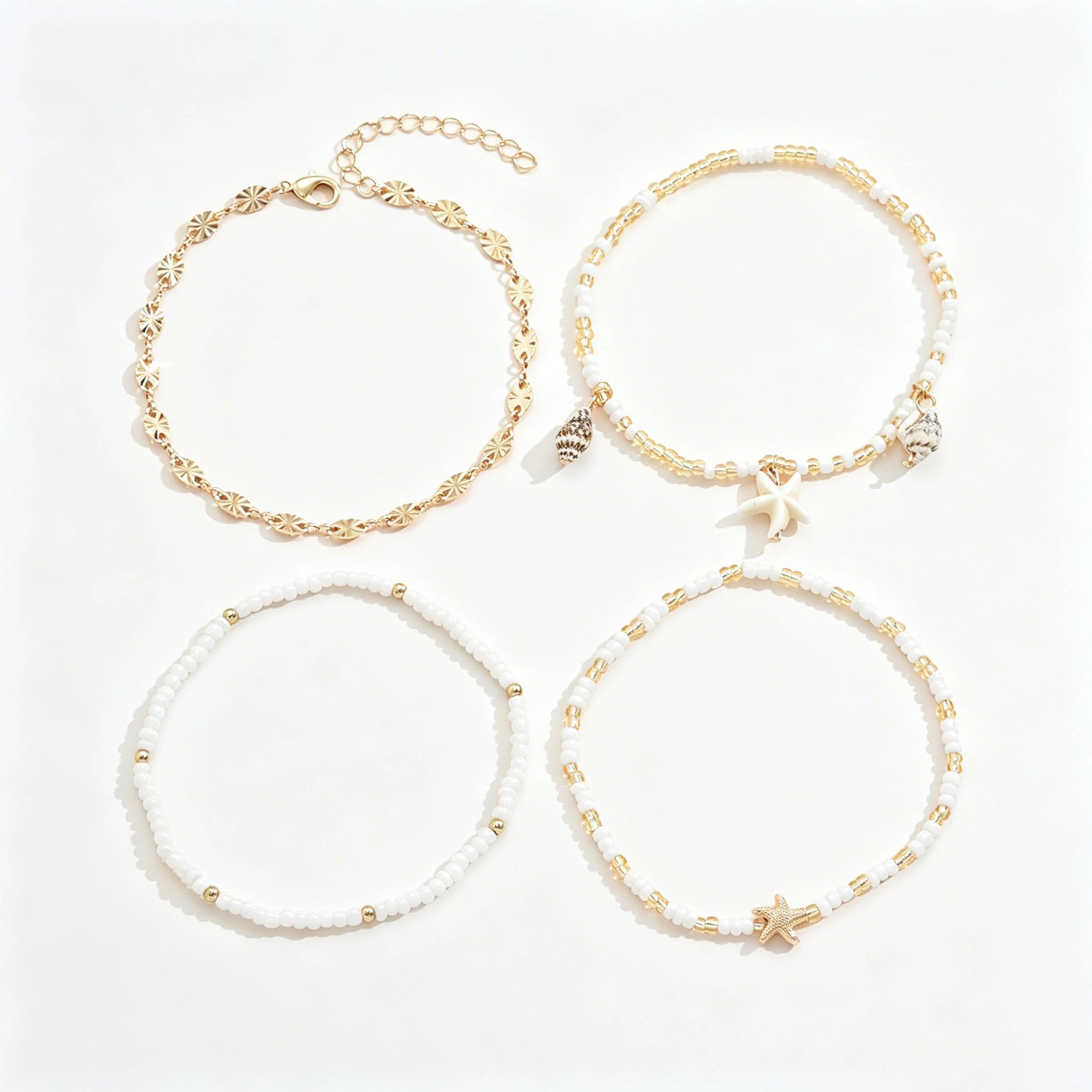 Starfish and Shell Stackable Beaded Anklet Set (4 Pieces)