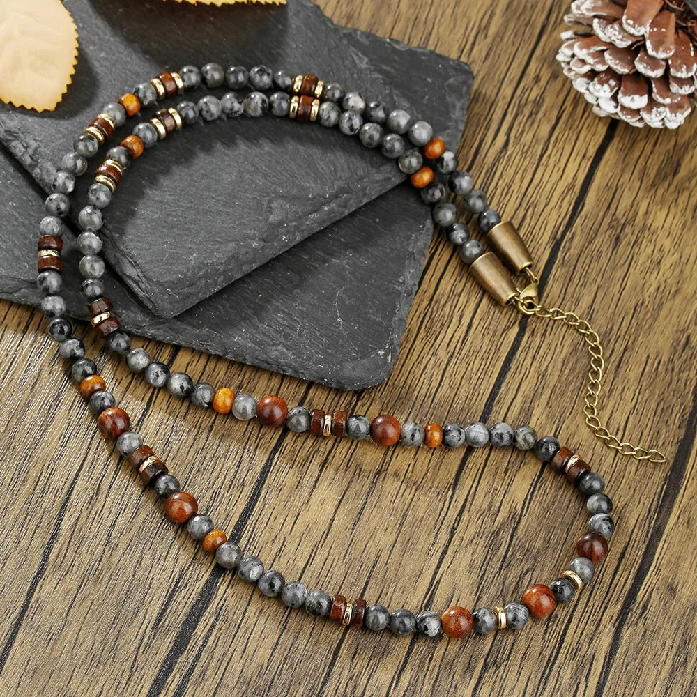 1PC INGX Man's Bohemia Natural Flash Stone Long Beaded Necklace for Men Tribal Boho Long Wooden Beads Necklace Men Jewelry - Charlie Dolly