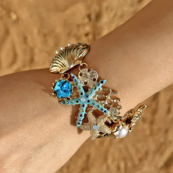 Boho Starfish Shell Coral Pearl Pendant Necklace For Women Shiny Crystal Zircon Dripping Oil Beach Clavicle Choker Charm Jewelry