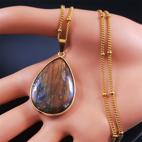 Boho Blue Labradorite Palm Necklace Water Drop Natural Healing Gem Stones Pendant Necklaces Reiki Moonstone Energy Jewelry NHH31 - Charlie Dolly