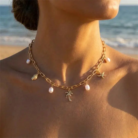 Starfish Shell Pearl Tassel Choker Necklace Jewelry