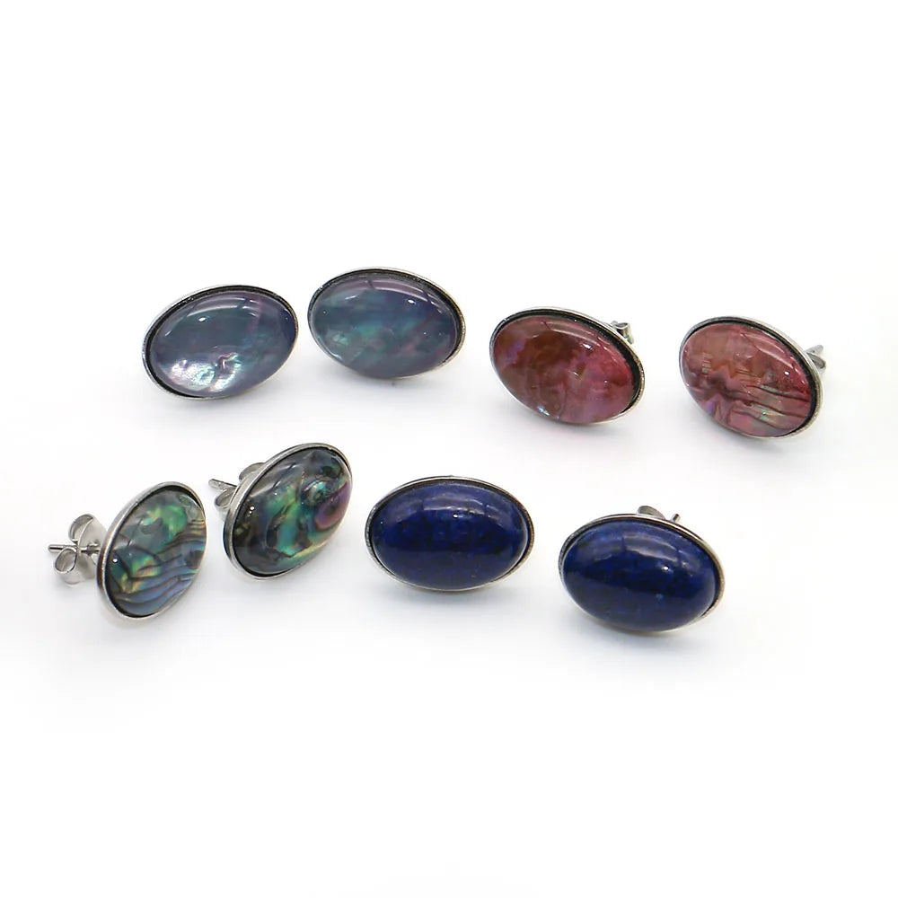 Natural Lapis Lazuli Stud Earrings Oval Shape Imitation Abalone Shell Stainless Steel Simple Ear Jewelry for Women Earring Gifts