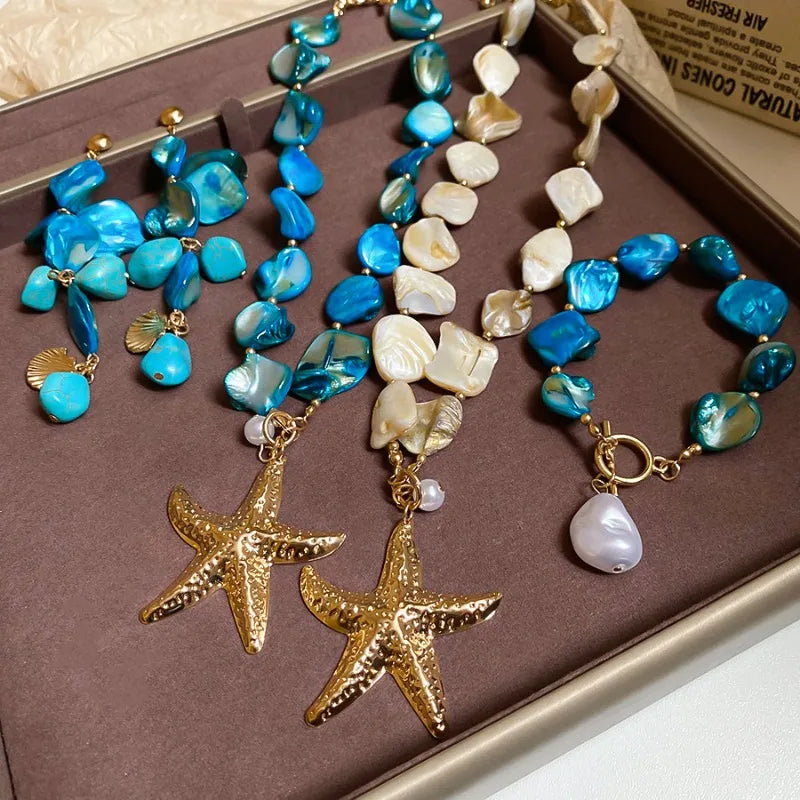 Boho Irregular Shells Tassel Earring Imitation Pearl Starfish Pendant Necklace Beach Vacation Style Fashion Women's Jewelry SetB