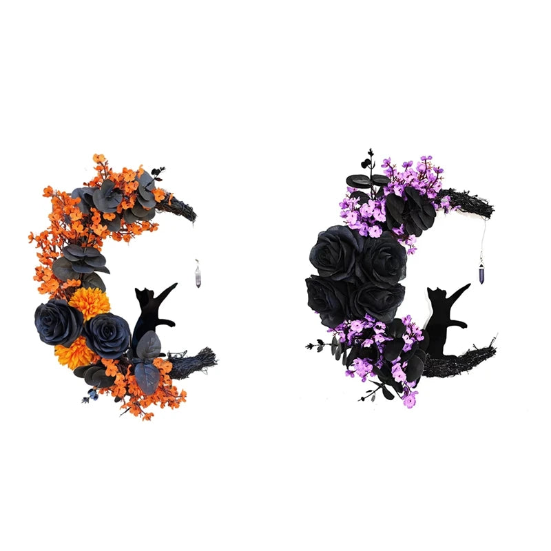 Halloween Signs Moon Shaped Door Wreaths Goth Roses Black Cats Garland Front Door Ornament Halloween Decor - Charlie Dolly