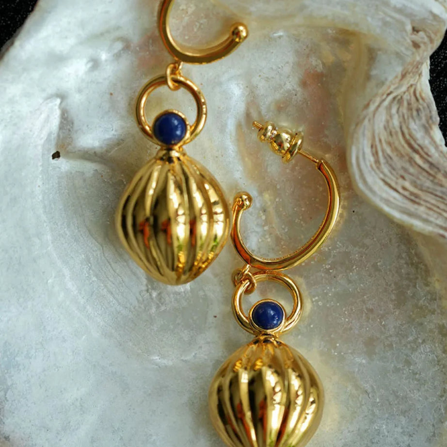 Nutmeg series original design retro artistic lapis lazuli earings long Ancient gold crafts glossy earrings for women jewelry - Charlie Dolly