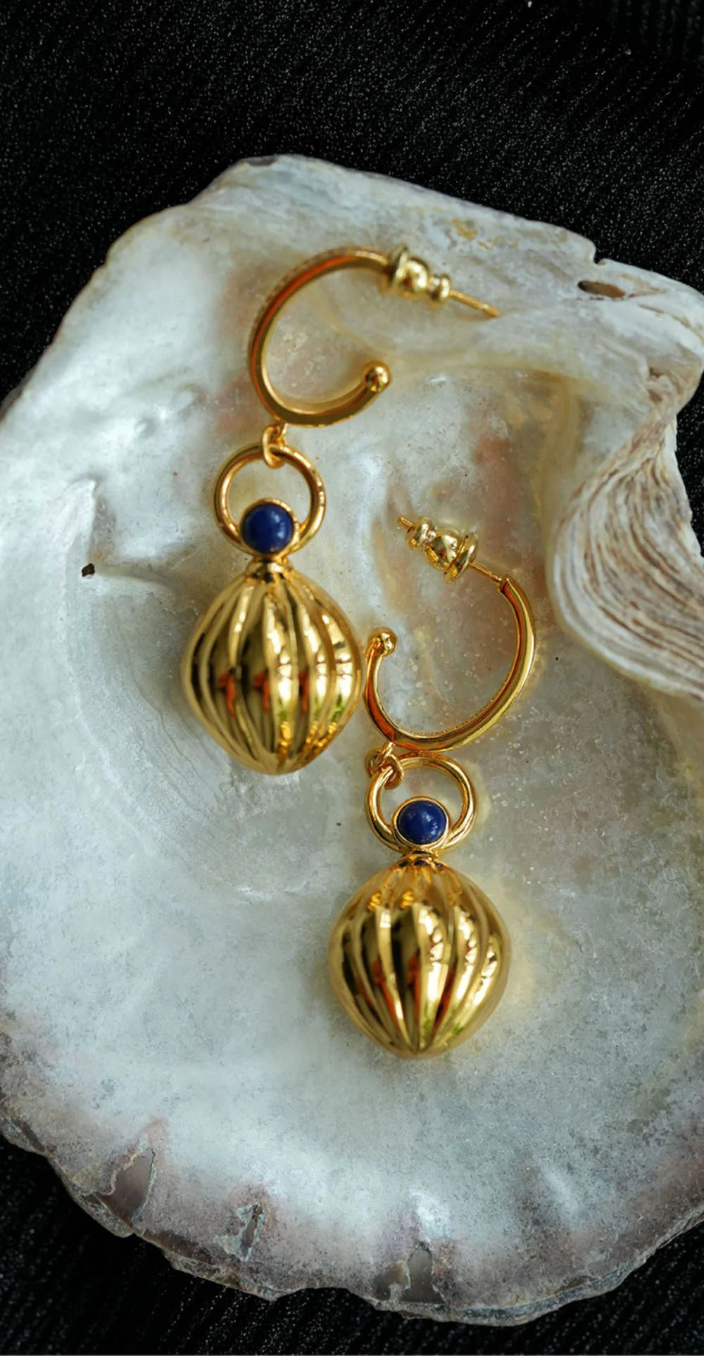 Nutmeg series original design retro artistic lapis lazuli earings long Ancient gold crafts glossy earrings for women jewelry