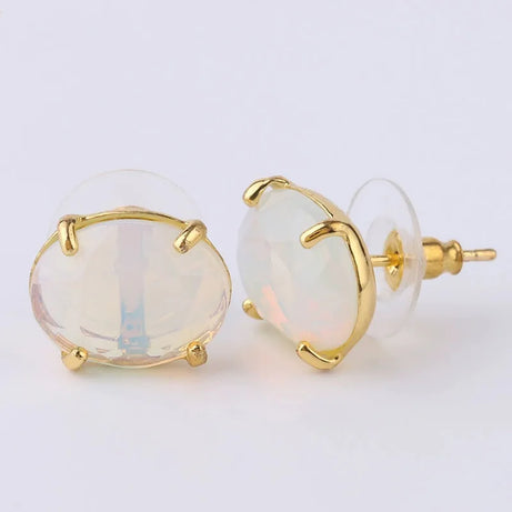Oval Shape Stud Earrings golden Color Natural Stone Faceted Pink Quartz Crystal Agate lapis lazuli Healing Jewelry Female - Charlie Dolly