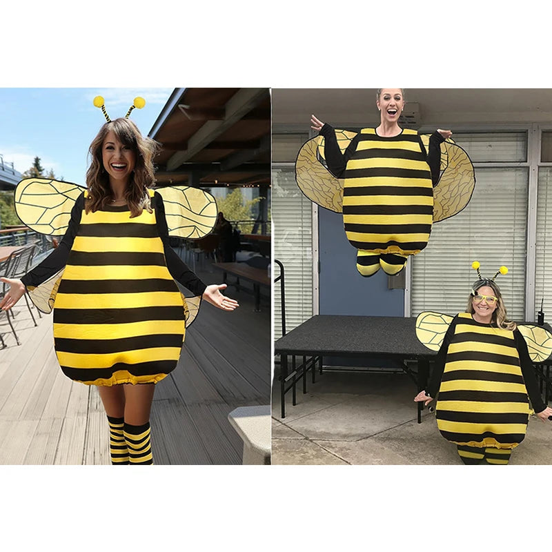 Halloween Striped Patchwork Bee Costume for Women Funny Animal Adult Costumes with Knee-high Socks and Hair Hoop Cosplay Outfit - Charlie Dolly