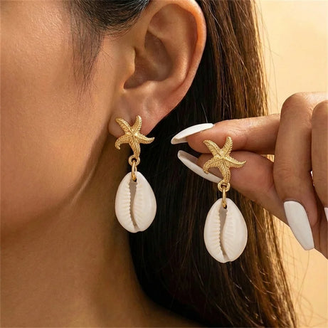 Asymmetric Starfish and Shell Boho Dangle Earrings