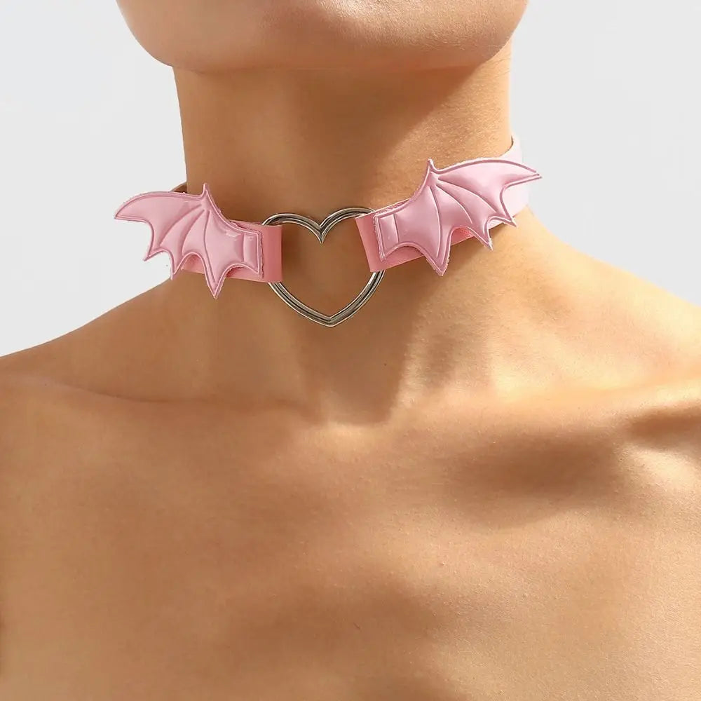 Leather Bat Wings Choker Goth Cute Heart Necklace Punk Gothic Collar Halloween Jewelry Aesthetic Accessories for Women Girls - Charlie Dolly