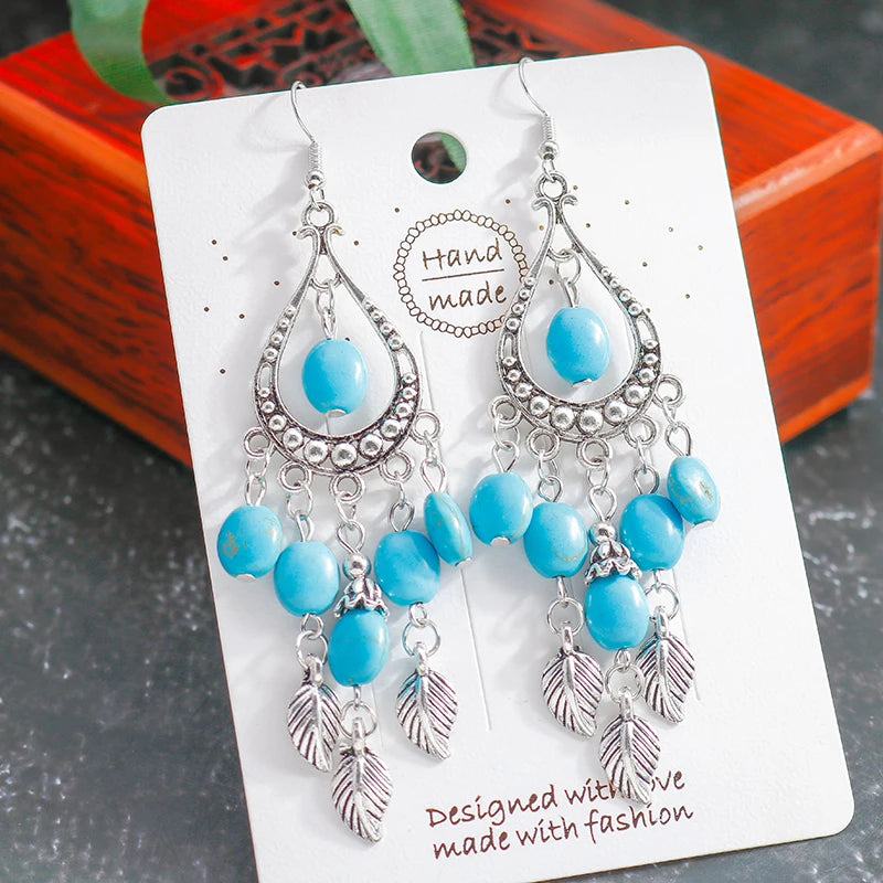 Boho Vintage Turquoise Water Drop Stud Earrings for Women Star Heart Flower Tribe Earring Statement Valentine Day Gift Jewelry