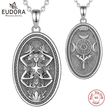 Eudora 925 Sterling Silver Triple Moon Goddess Necklace Hecate Wheel Amulet Pendant Triple Goddess Jewelry for Women Man Gift