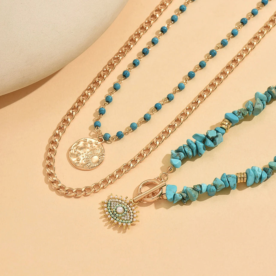 Turquoise Chip Evil Eye Moon Layered Set Jewelry
