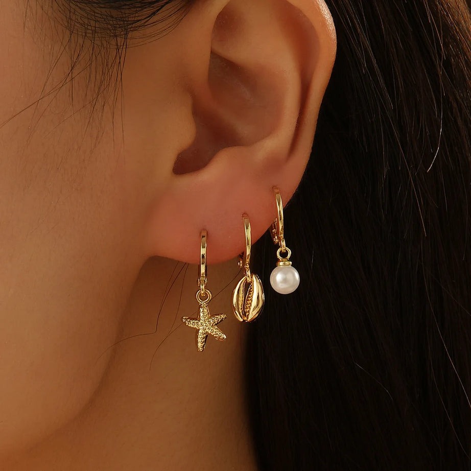 Starfish Shell Pearl Hoop Earrings Set Jewelry