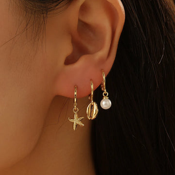 3 Pcs Boho Starfish Shell Hoop Earrings Set for Women Imitation Pearl Metal Geometric Earring Beach Party Versatile Jewelry