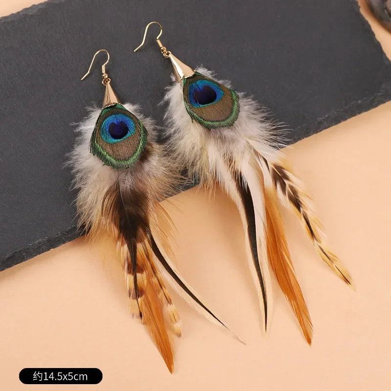 Exaggerate Feather Long Earrings Fashion Imitation Peacock Feather Earrings Boho Style Feather Earrings Custom Jewelry Wholesale