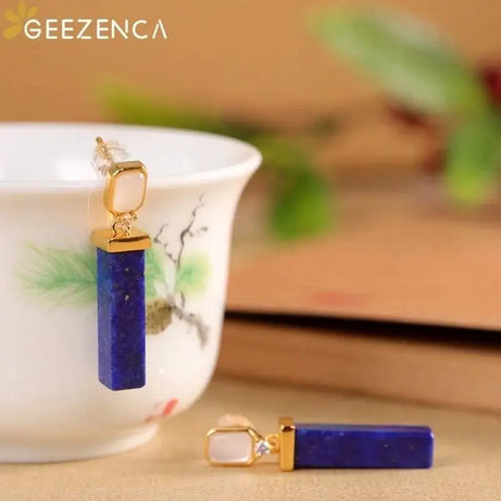 GEEZENCA 925 Silver Gold Plated Lapis Lazuli Bar Charm Dangle Drop Earrings Women CZ Geometric Oblong Simple Trendy Earring Gift - Charlie Dolly