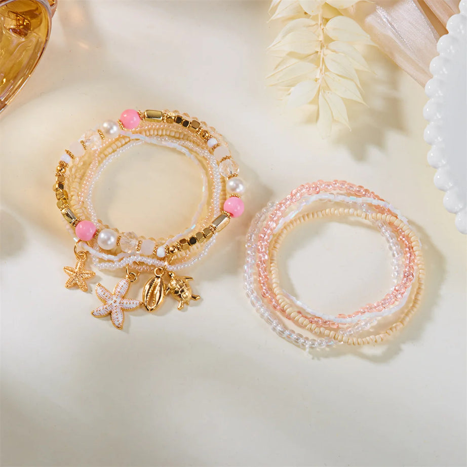 Sea Turtle and Starfish Layered Boho Bracelet Set