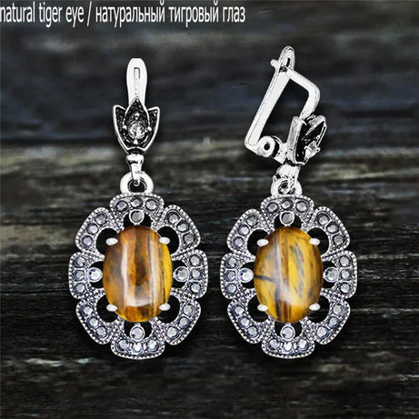 Vintage Plumflower Natural Jades Quartz Earrings For Women Antique Silver Plated Lapis Lazuli Tiger Eye Stone Fashion Earring - Charlie Dolly