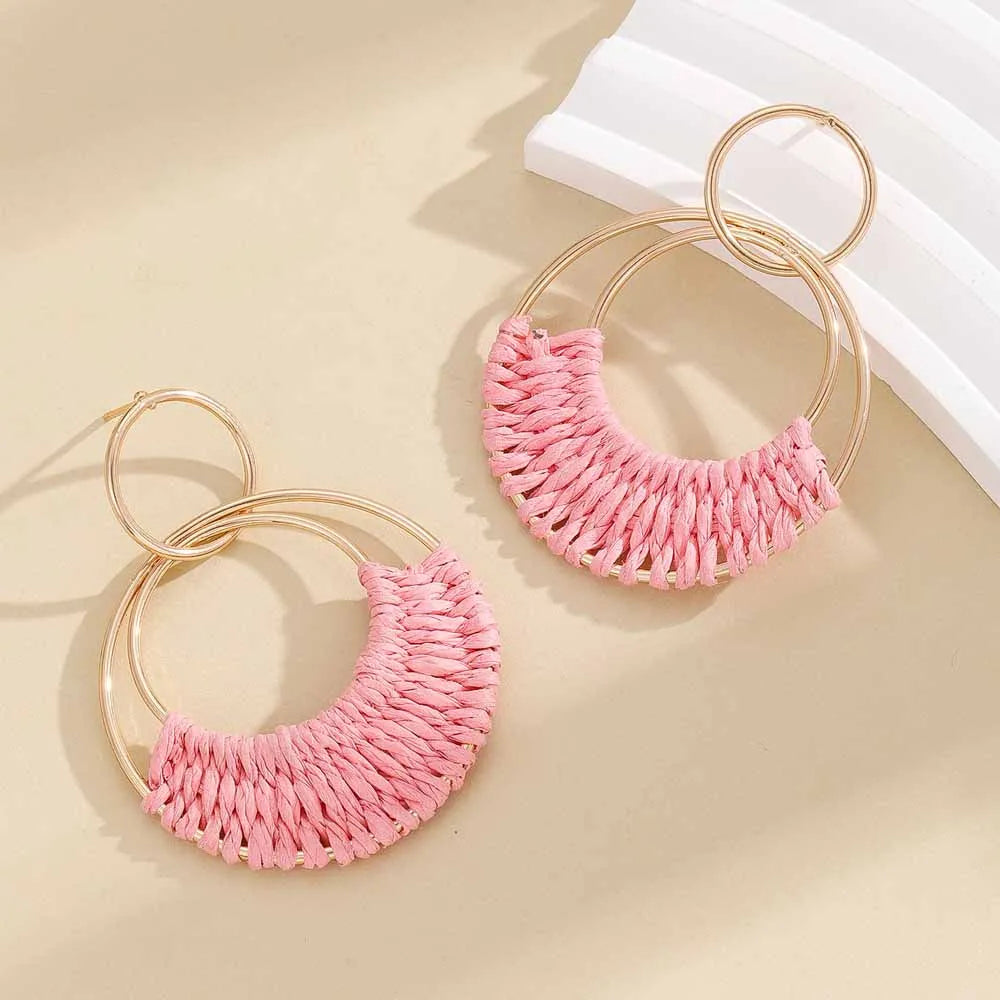 Raffia Hoop Earrings for Women Girls Fun Boho Summer Beach Earrings Lightweight Handmade Straw Wicker Rattan Dangle Earrings