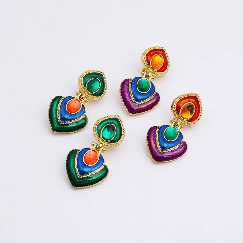 Boho Colorful Crystal Resin Heart Clip on Earrings Without Piercing for Women Charm Maxi Statement Earrings Ear Clips Jewelry