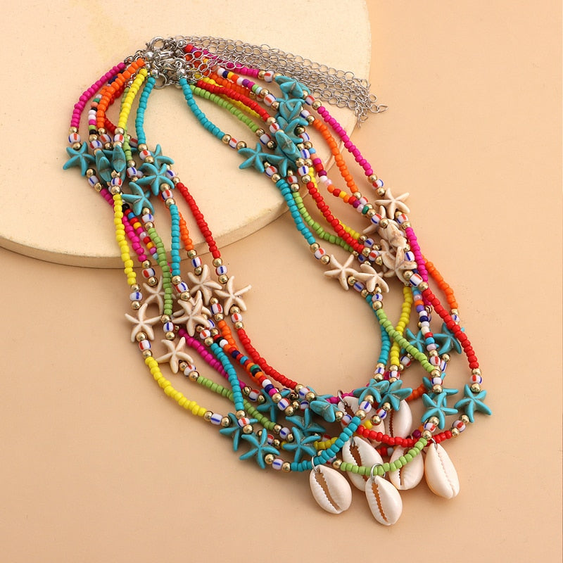 Necklace Boho Colorful Beads Starfish with Sea Shell Pendant Women Handmade Chic Jewelry