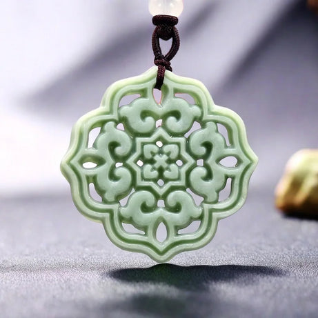 Natural Jade Carved Flower Amulet Necklace