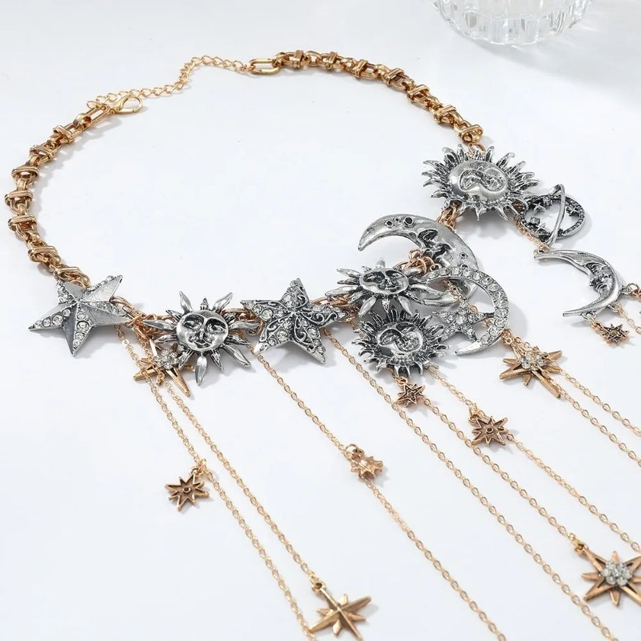 Sun Moon Star Layered Tassel Necklace Jewelry