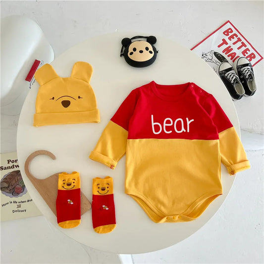 Spring Newborn Baby Rompers Sock Hat 3pcs Set Cartoon Mickey Mouse Pooh Boys Girls Jumpsuit Infant Costume Long Sleeve Bodysuits