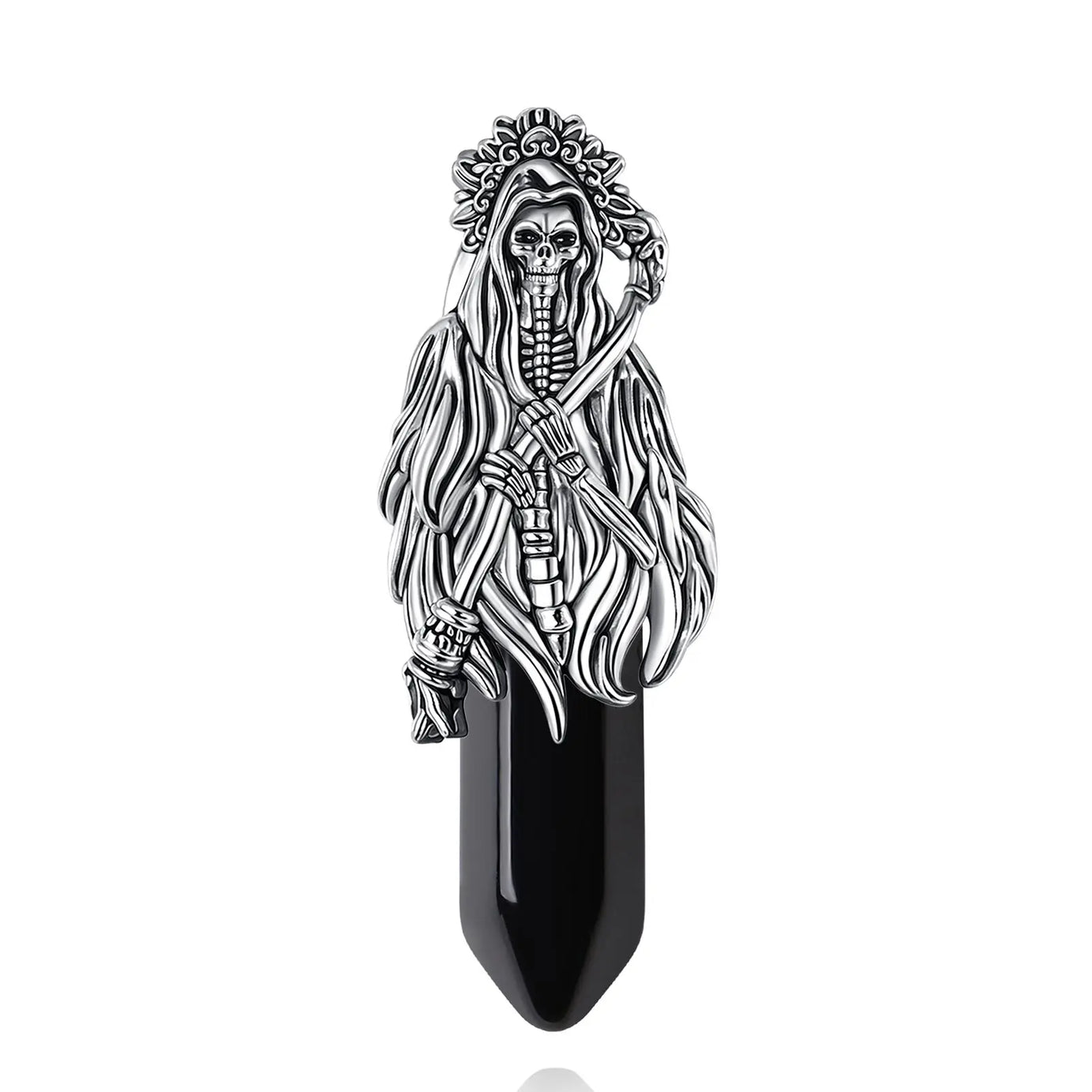 Natural Obsidian Santa Muerte Pendant Necklace, Holy Death Healing Crystal Devotional Amulet