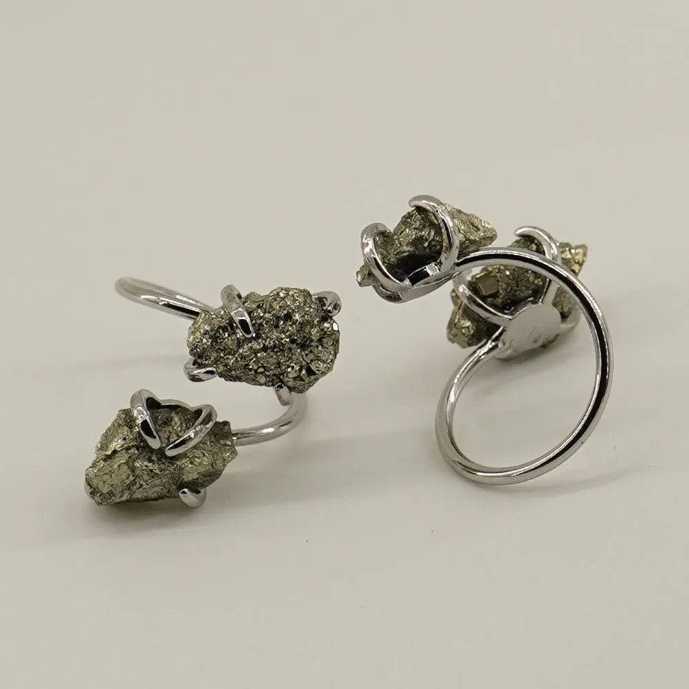 Irregular Pyrite Open Cross Ring for Women Girls Claw Setting Silver-color Boho Natural Stone Finger Jewelry Resizable