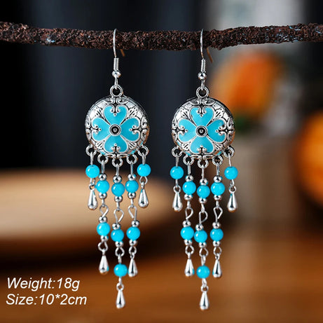 Blue Enamel Feather Crystal Long Earrings Jewelry
