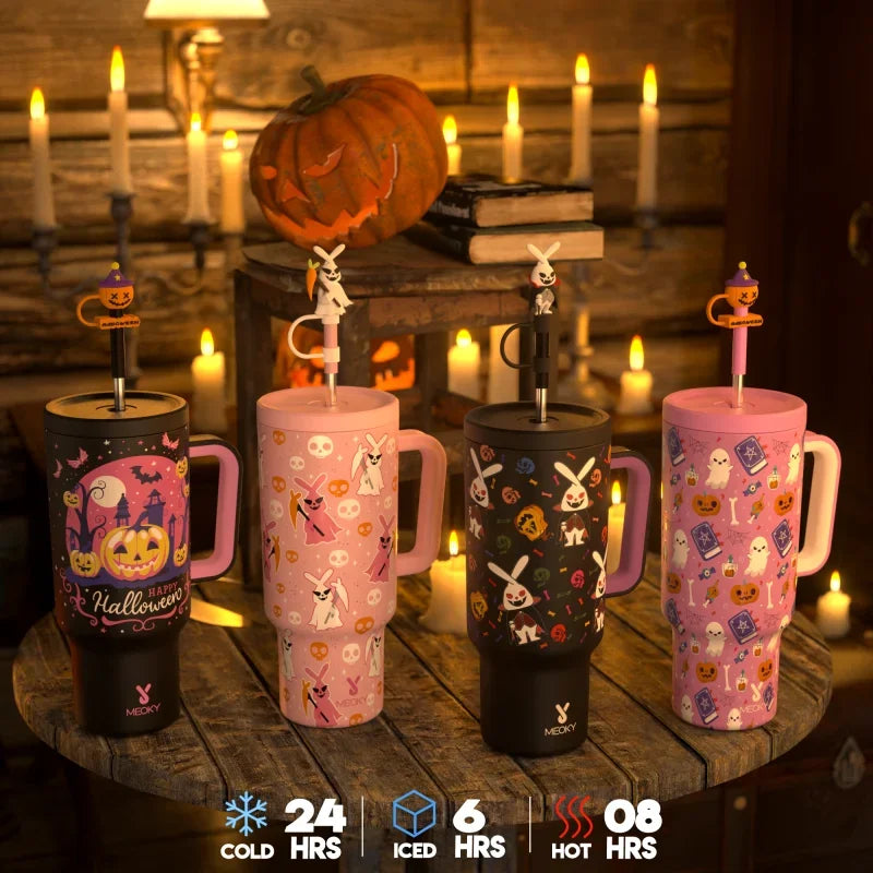 Meoky 40oz Tumbler Handle with Straw Cute Stopper Stainless Steel Insulation Coffee Cup Luminous Vacuum Car Mug Halloween Gifts - Charlie Dolly
