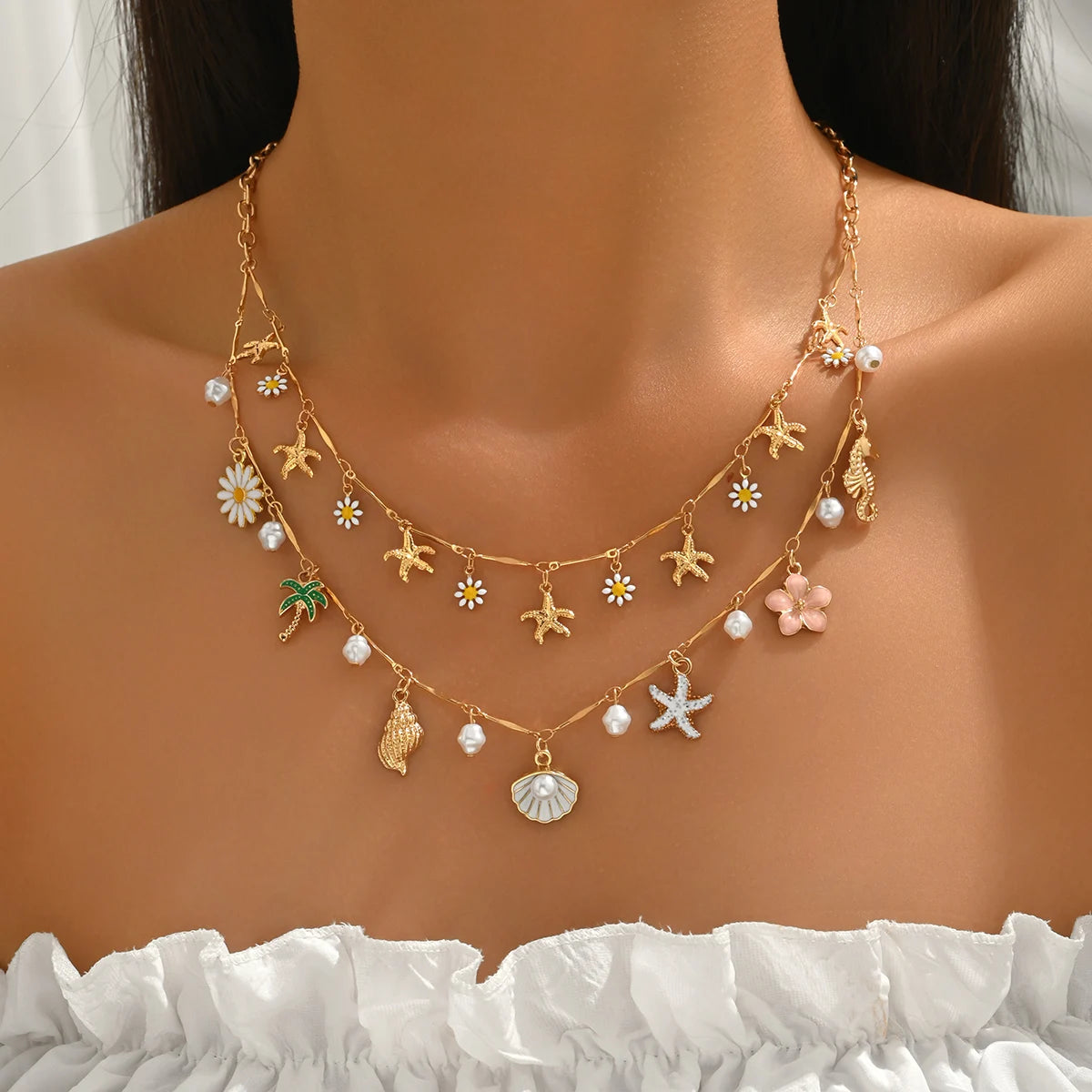 Daisy Starfish Pearl Double Layer Necklace Jewelry