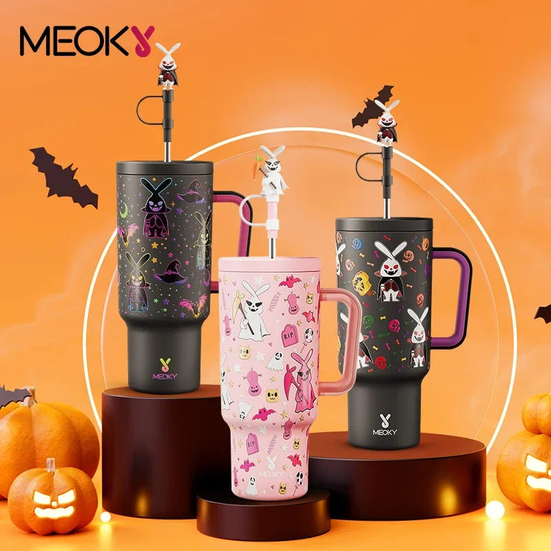 Meoky 40oz Tumbler Handle with Straw Cute Stopper Stainless Steel Insulation Coffee Cup Luminous Vacuum Car Mug Halloween Gifts - Charlie Dolly