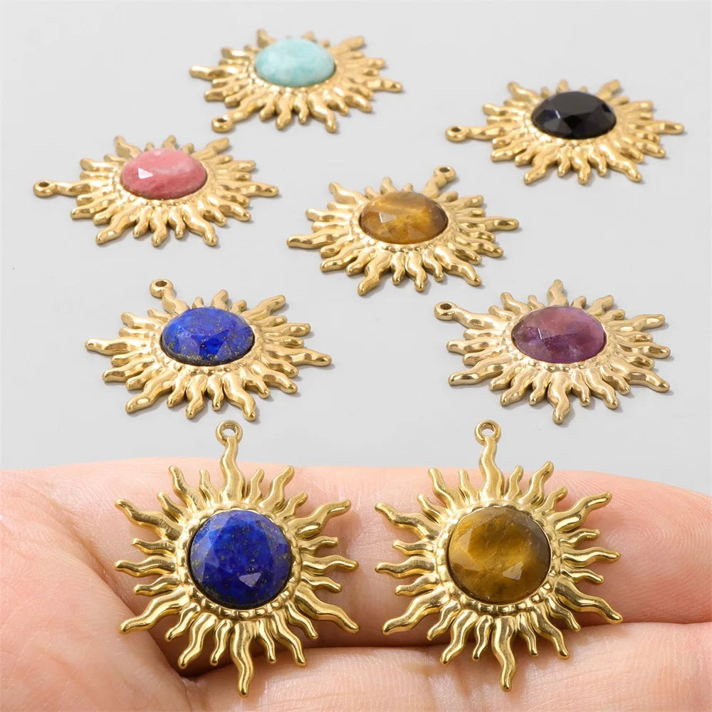 2pcs 25x30mm Gold Color Sun Shape Natural Stone Pendant Inlaid with Lapis Lazuli Gem Charm for Jewelry Making Necklace Earring