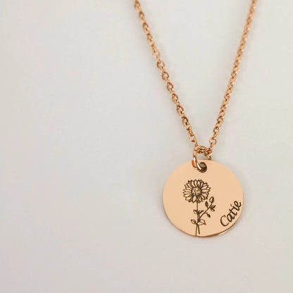 Personalized Sunflower Necklace Girlfriend Jewelry Gift Dainty Disc Engraved Birth Flower Pendant Necklaces