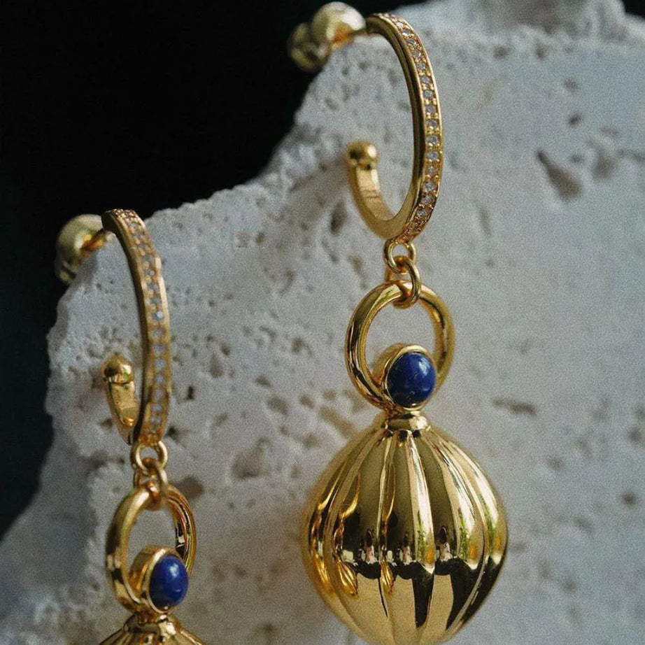 Nutmeg series original design retro artistic lapis lazuli earings long Ancient gold crafts glossy earrings for women jewelry - Charlie Dolly