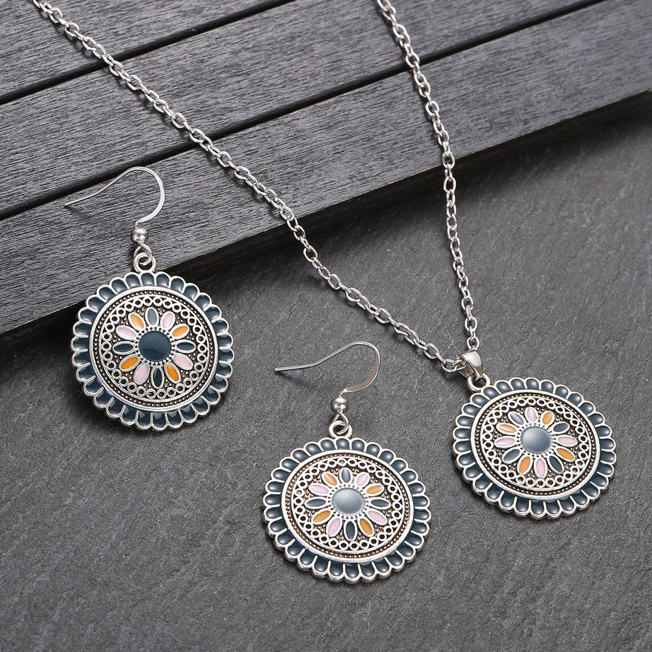 Colorful Bead Flower Necklace Earring Set Jewelry
