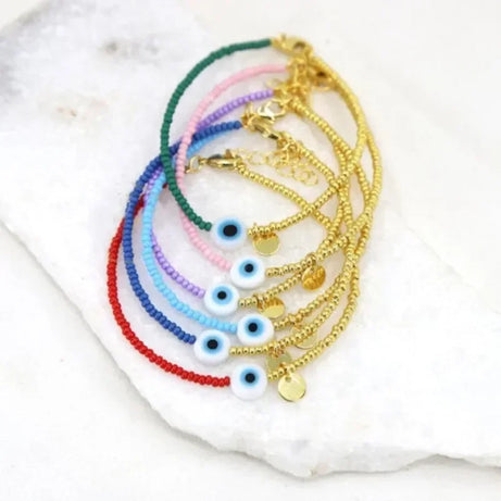 18K Gold Evil Eye Miyuki Bead Stackable Bracelet, Boho Protection Amulet