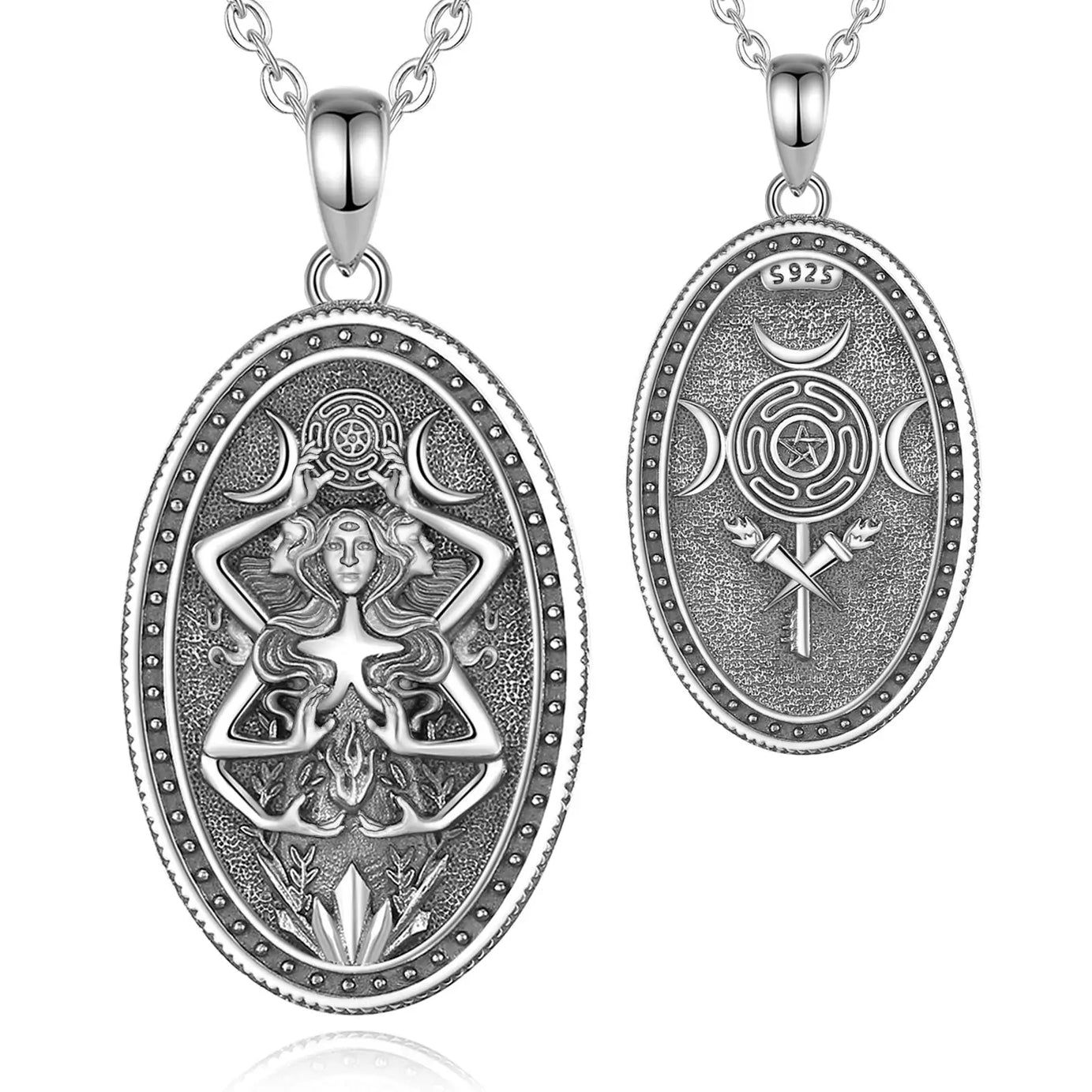 Triple Moon Goddess Hecate Wheel Necklace, S925 Sterling Silver
