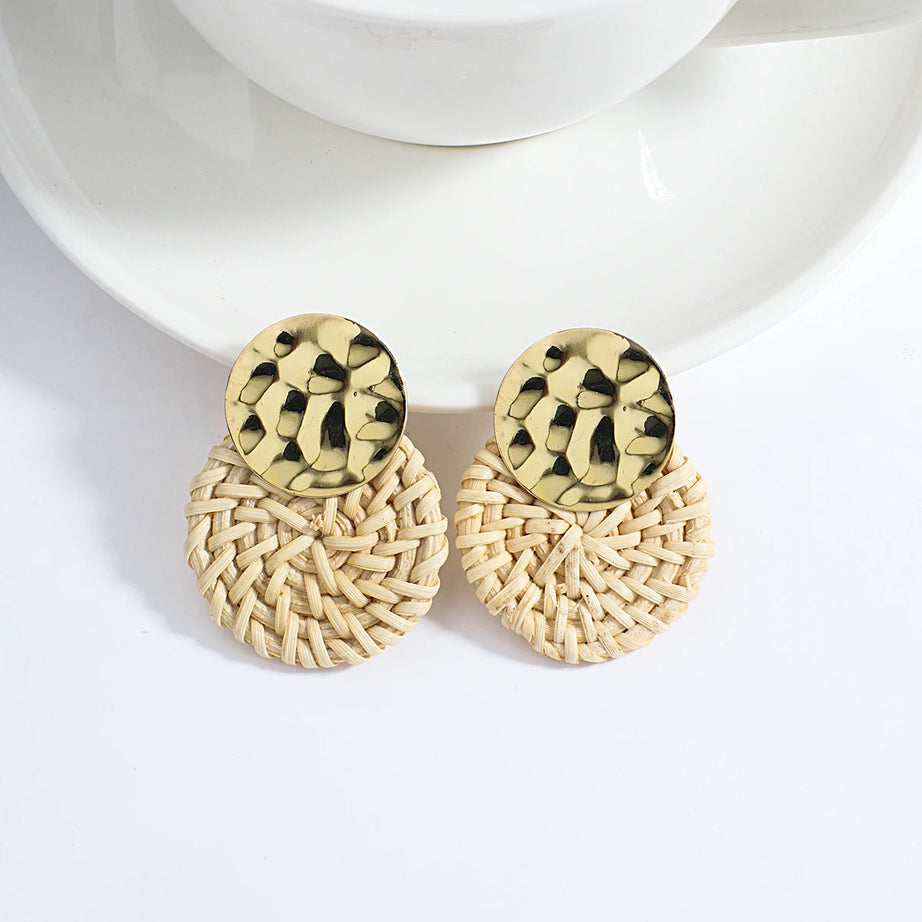 Wooden Rattan Braid Geometric Drop Earrings Jewelry