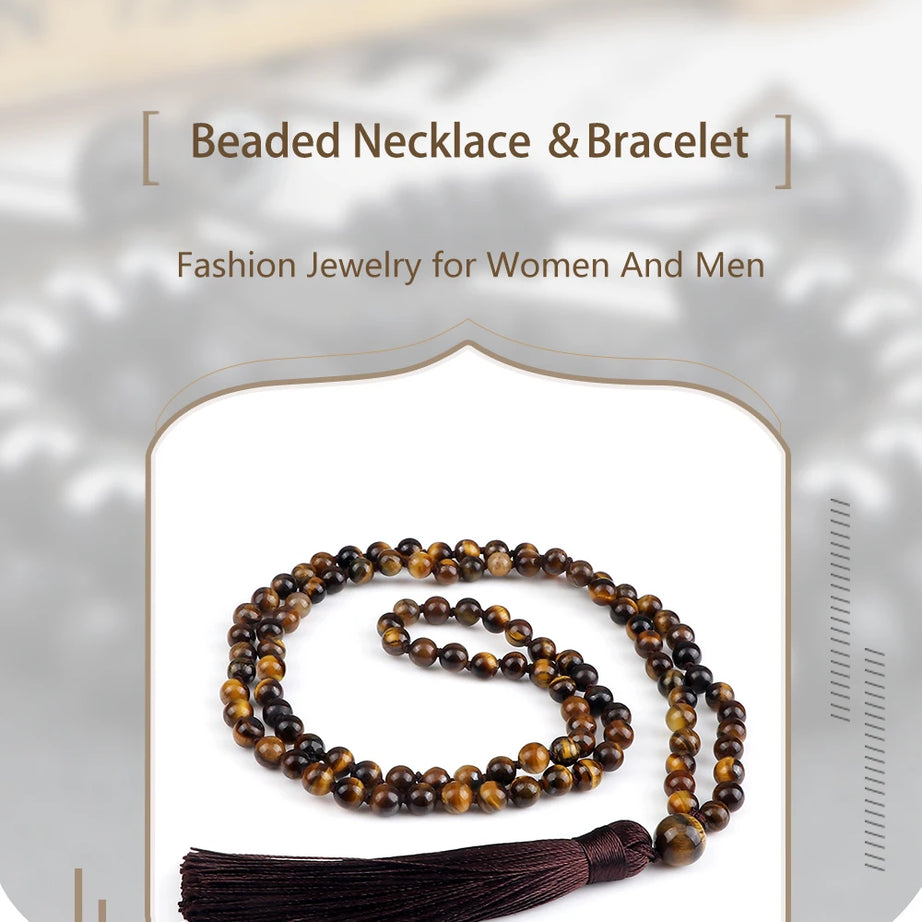 Men Natural Malachite Stones Necklaces Boho 108 Tiger Eye Beads Handmade Necklace with Tassel Yoga Medit Jewelry Gifts For Women - Charlie Dolly
