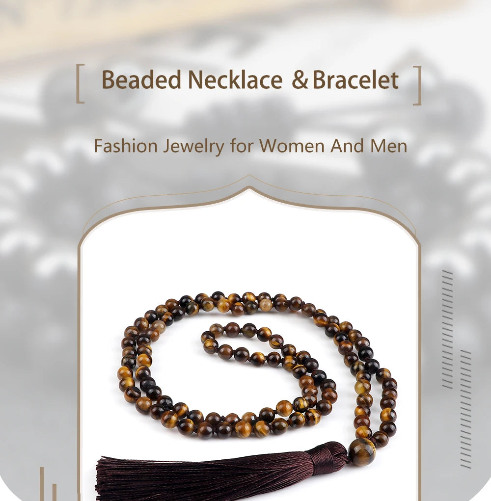 Men Natural Malachite Stones Necklaces Boho 108 Tiger Eye Beads Handmade Necklace with Tassel Yoga Medit Jewelry Gifts For Women