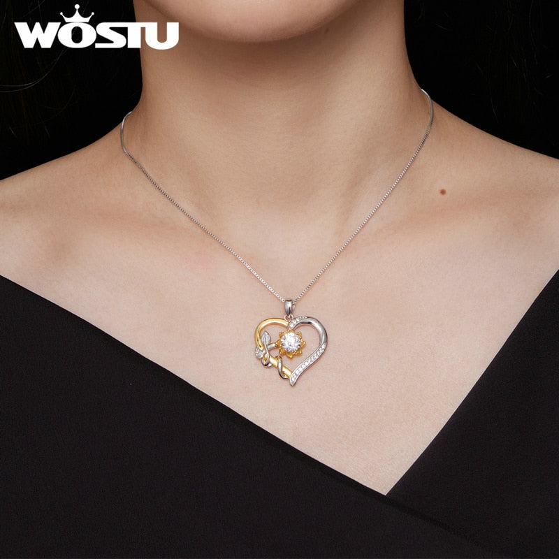 WOSTU 1.0 CT D Moissanite Heart Shape Sunflower Charm Necklace for Women Birthday Gift Double Color Yellow Gold 925 Silver Links