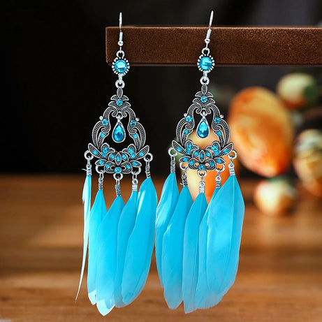 Blue Enamel Feather Crystal Long Earrings Jewelry