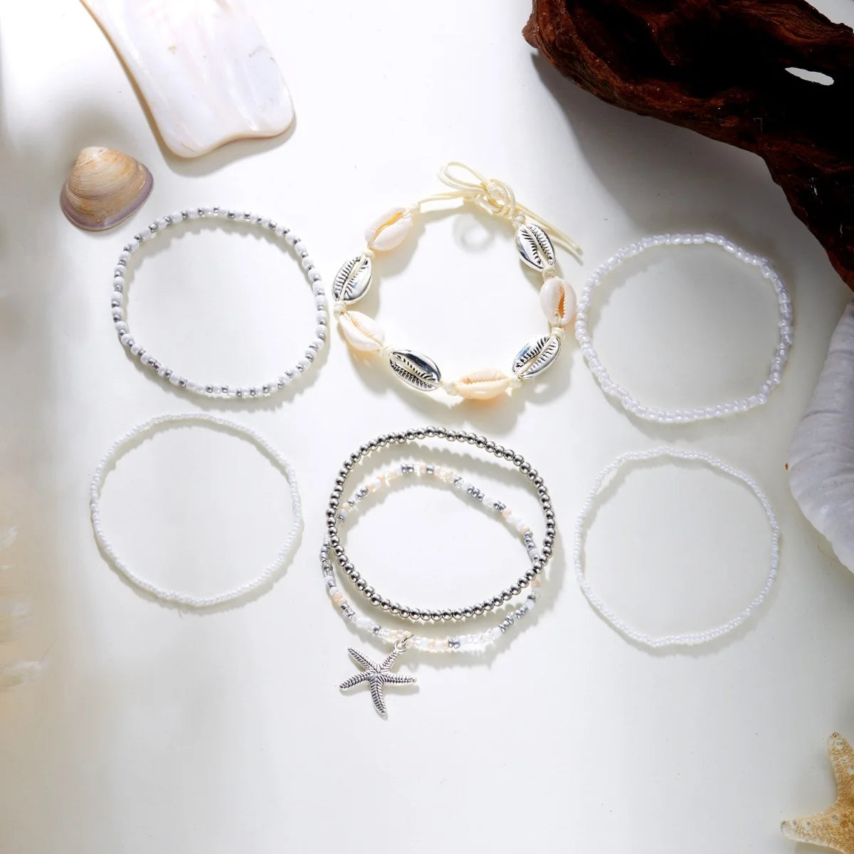Multilayer Metal Starfish Tassel Shell Rice Beads Anklet Set For Women Men Boho Beach Vacation Foot Chain Ankle Bracelet Jewelry