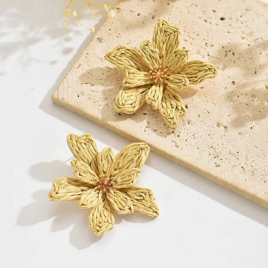 Raffia Woven Flower Boho Earrings Jewelry